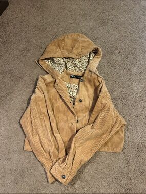 Zara Camel Corduroy Hooded Jacket with Floral Lining